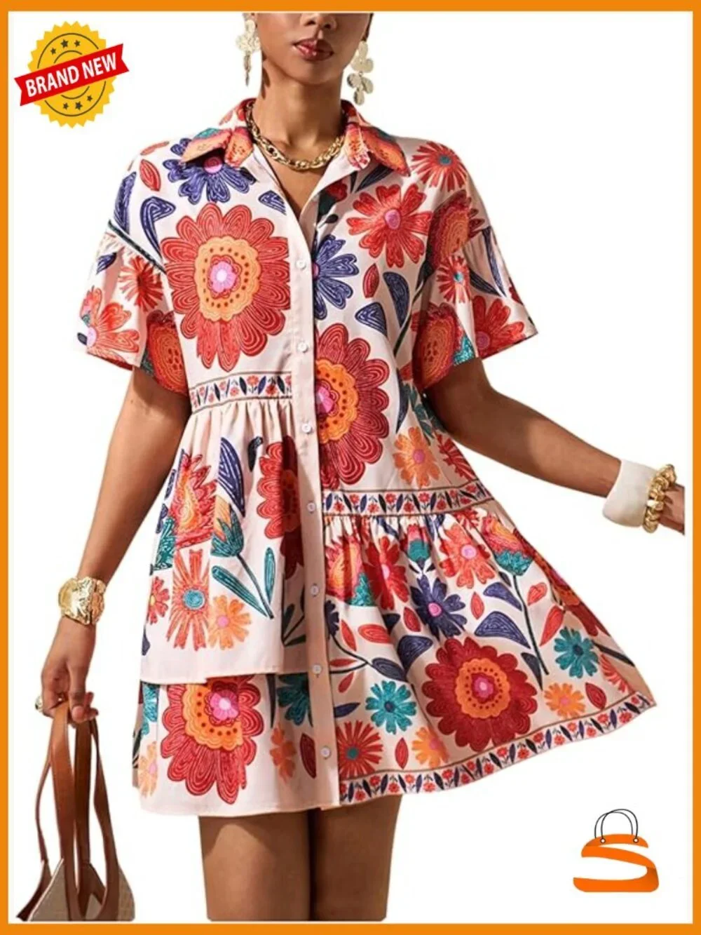 Floral Button Down Shirt Dress Short Sleeve Ruffle Hem Flowy Babydoll Dress